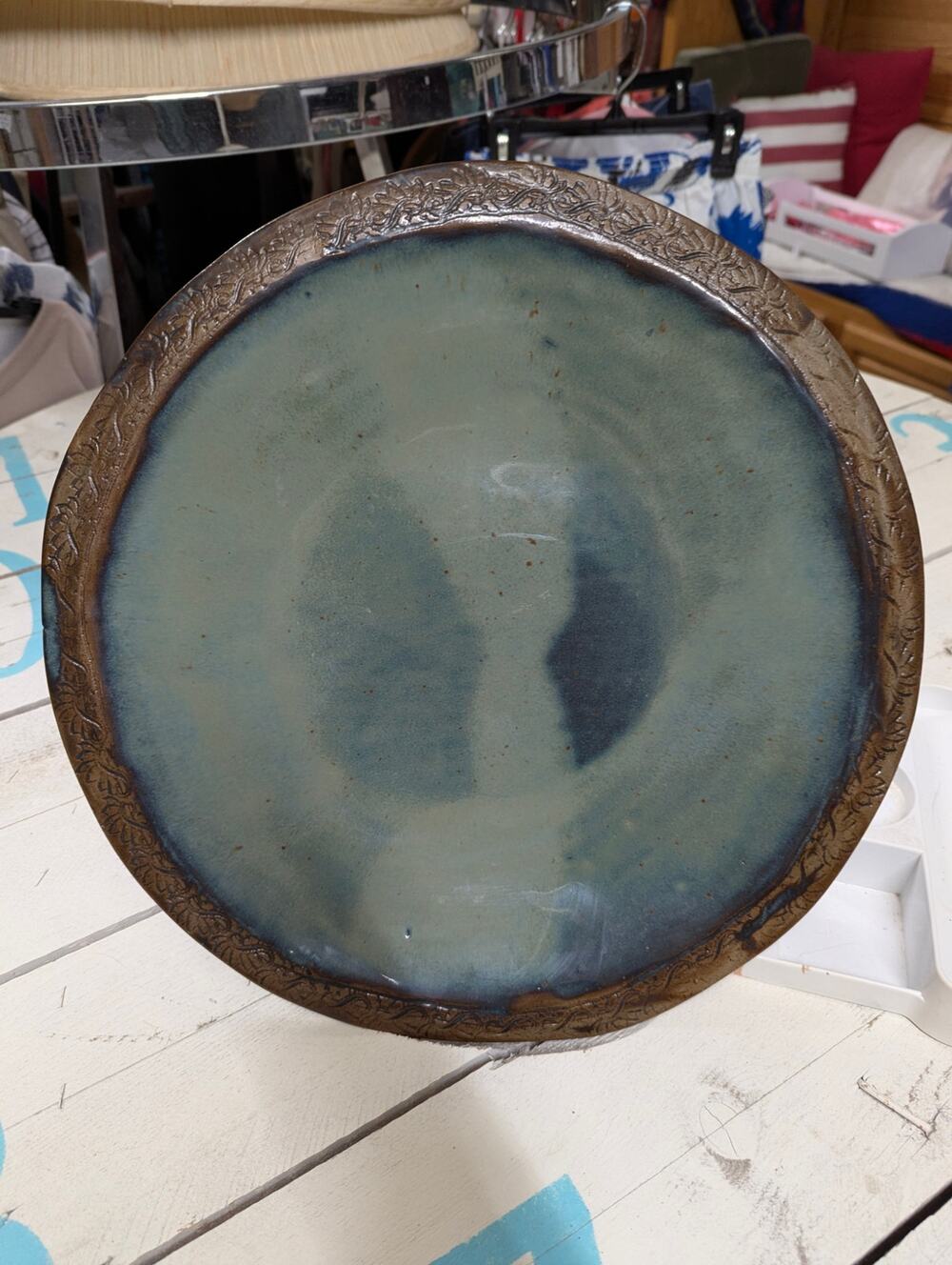 Handmade Studio Pottery Platter 15" Round Etched Rim Earthy Glaze Stoneware
